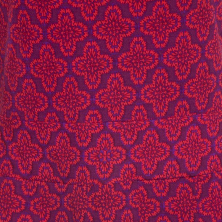 Pre Owned Tory Burch Purple and Red Floral Printed Silk Jersey Pleated Cap Sleeve Dress M