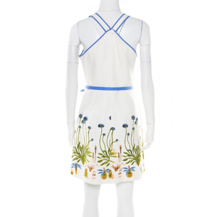 Pre Owned Tory Burch White Cotton and Linen Cornflower Embroidered Emilia Dress M