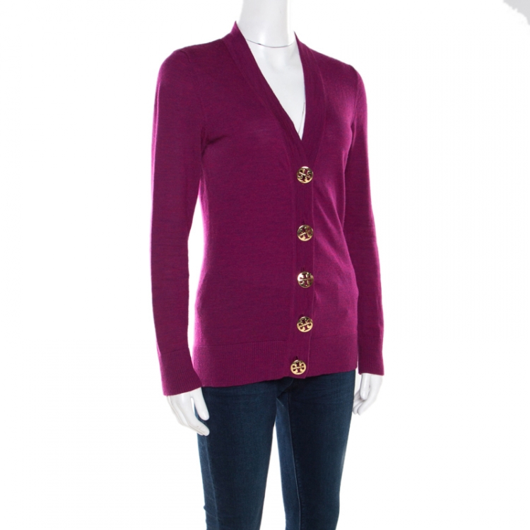 Tory Burch Purple Merino Wool Logo Button Detail Ribbed Trim Cardigan M Tory  Burch | TLC