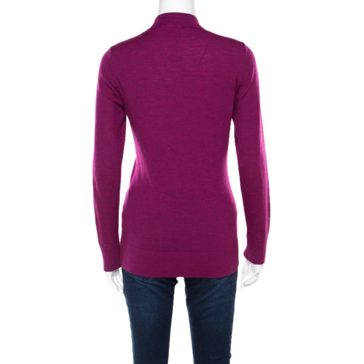 Pre Owned Tory Burch Purple Merino Wool Logo Button Detail Ribbed Trim Cardigan M