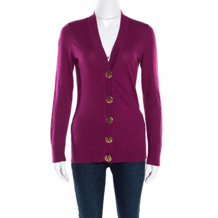 Pre Owned Tory Burch Purple Merino Wool Logo Button Detail Ribbed Trim Cardigan M