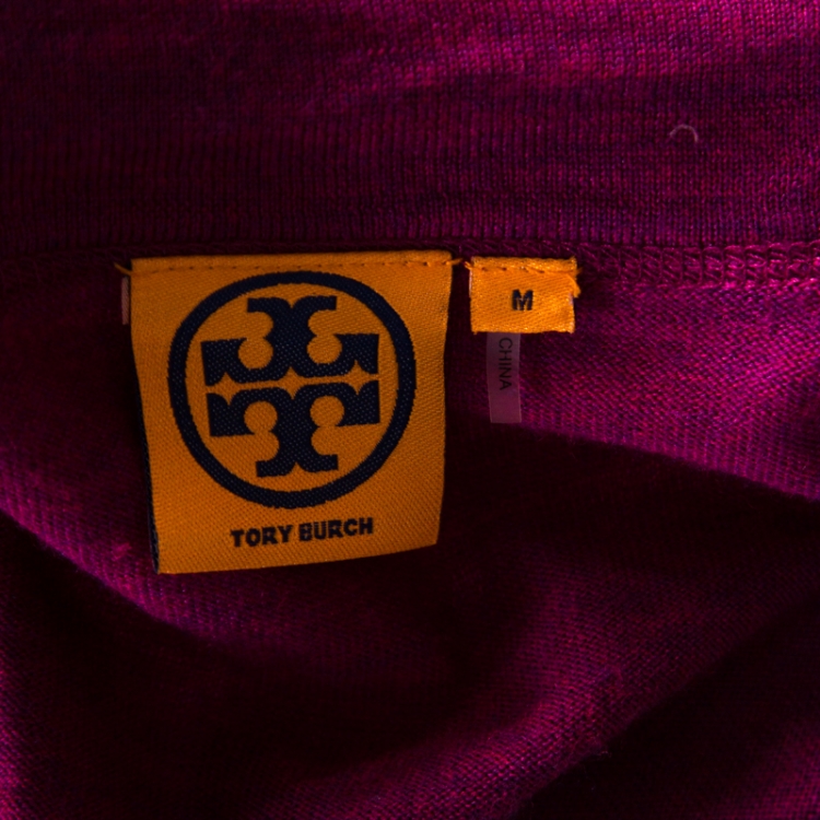 Pre Owned Tory Burch Purple Merino Wool Logo Button Detail Ribbed Trim Cardigan M