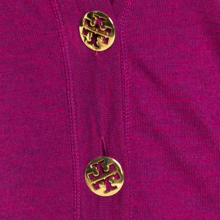 Pre Owned Tory Burch Purple Merino Wool Logo Button Detail Ribbed Trim Cardigan M