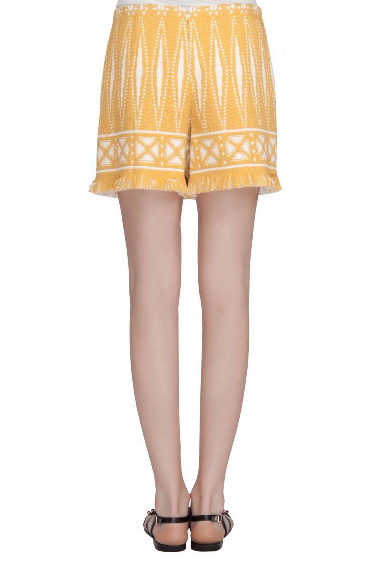 Pre Owned Tory Burch Honey Mustard and Ivory Fringed Jacquard Savora Shorts S