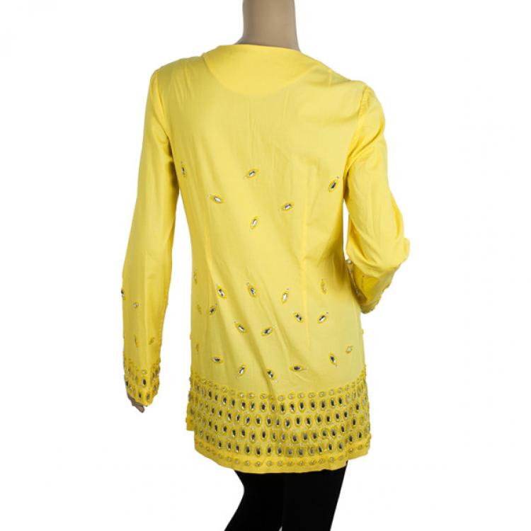 Pre Owned Tory Burch Yellow Embellished Tunic Top M