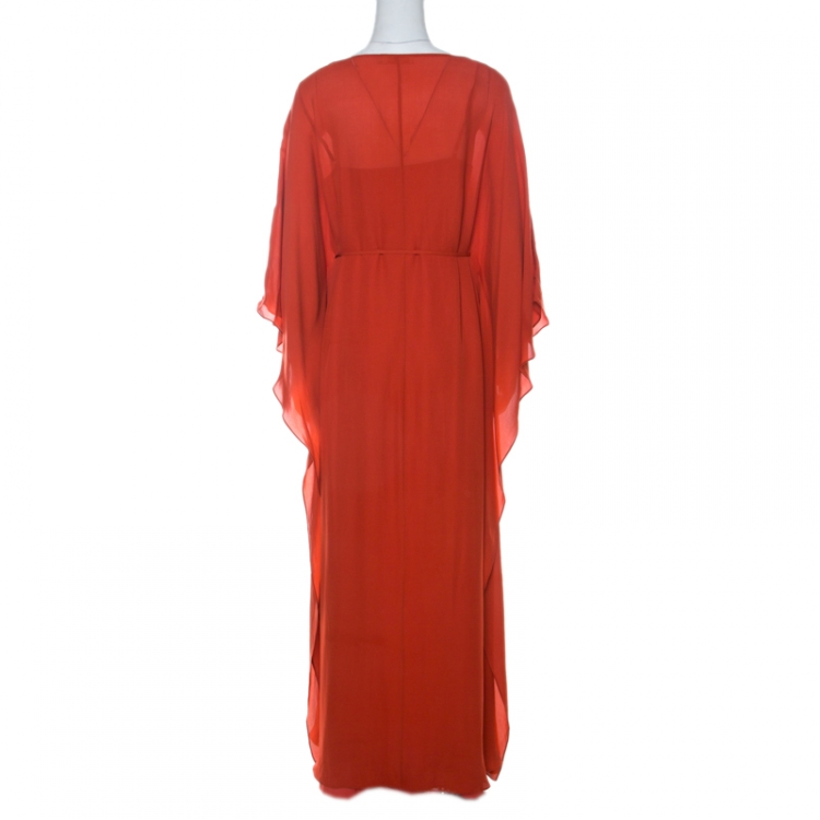 Pre Owned Tory Burch Orange Silk Blaze Maxi Kaftan Dress S