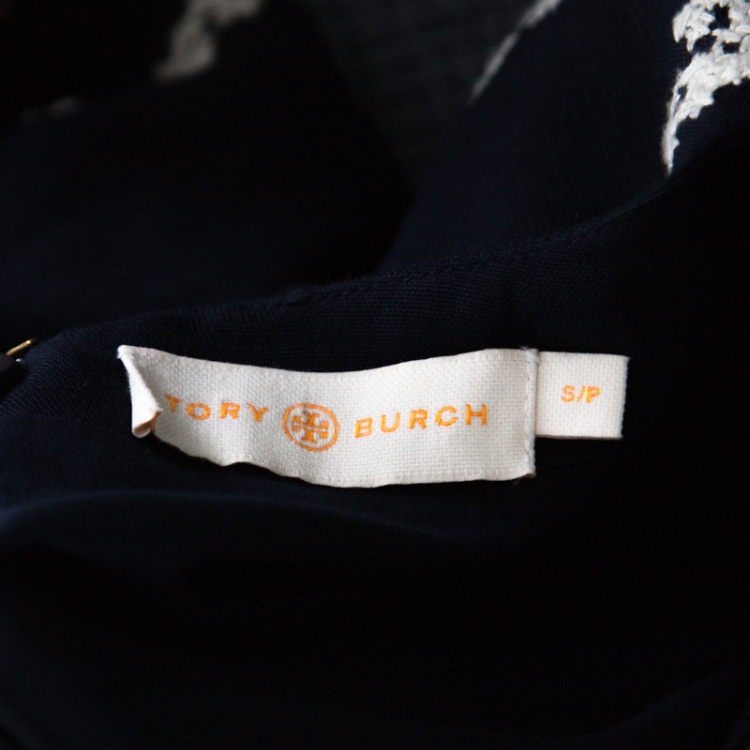 Pre Owned Tory Burch Navy Blue Cotton Mirror Embroidered Kaftan Dress S