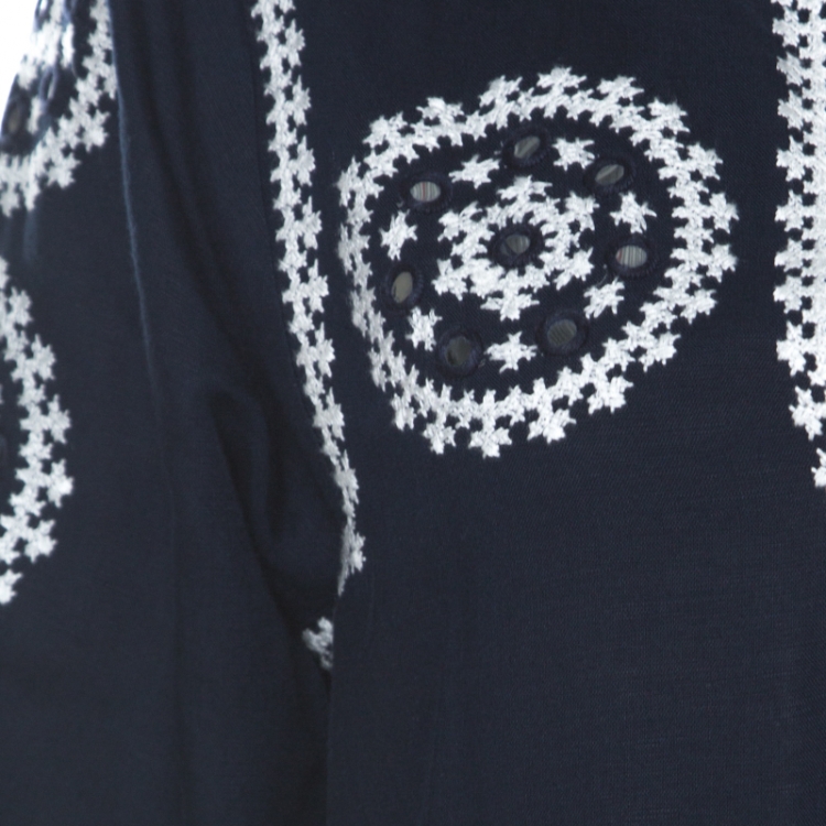 Pre Owned Tory Burch Navy Blue Cotton Mirror Embroidered Kaftan Dress S