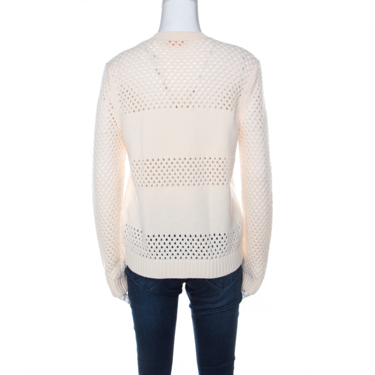Pre Owned Tory Burch Cream Open Knit Wool Leona Sweater S 