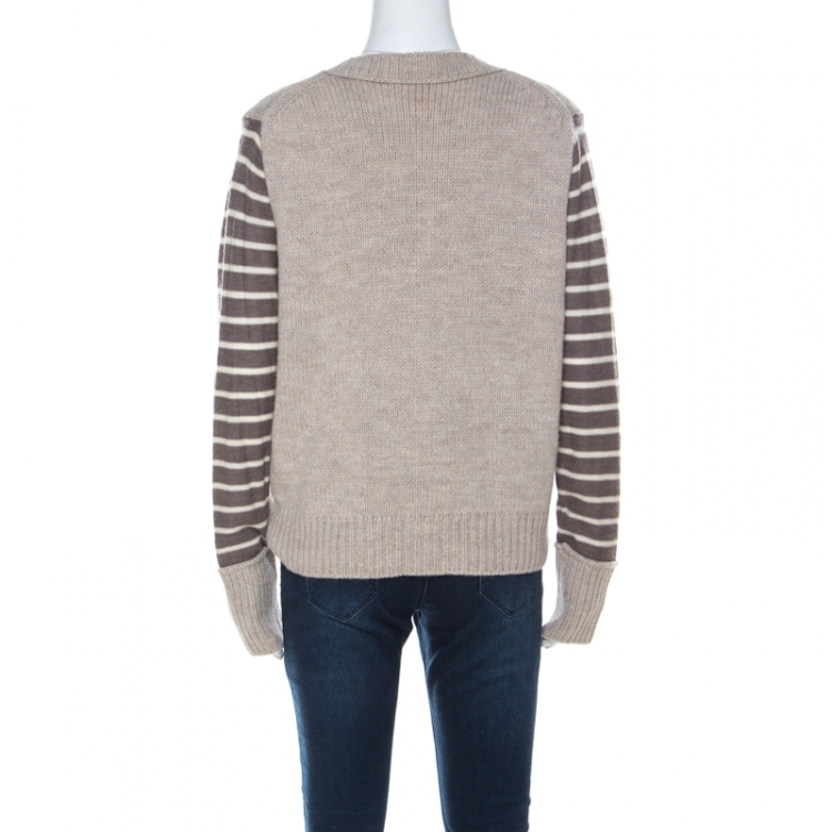 Pre Owned Tory Burch Beige Knit Striped Sleeve Sweater L 