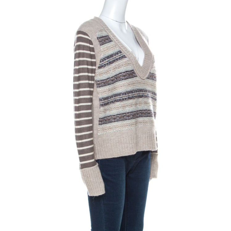 Pre Owned Tory Burch Beige Knit Striped Sleeve Sweater L 