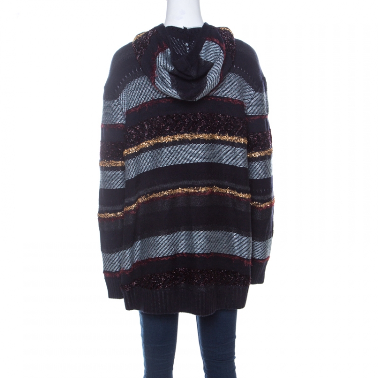 Pre Owned Tory Burch Navy Blue Metallic Multi-Weave Striped Merino Wool Danielle Hoodie L