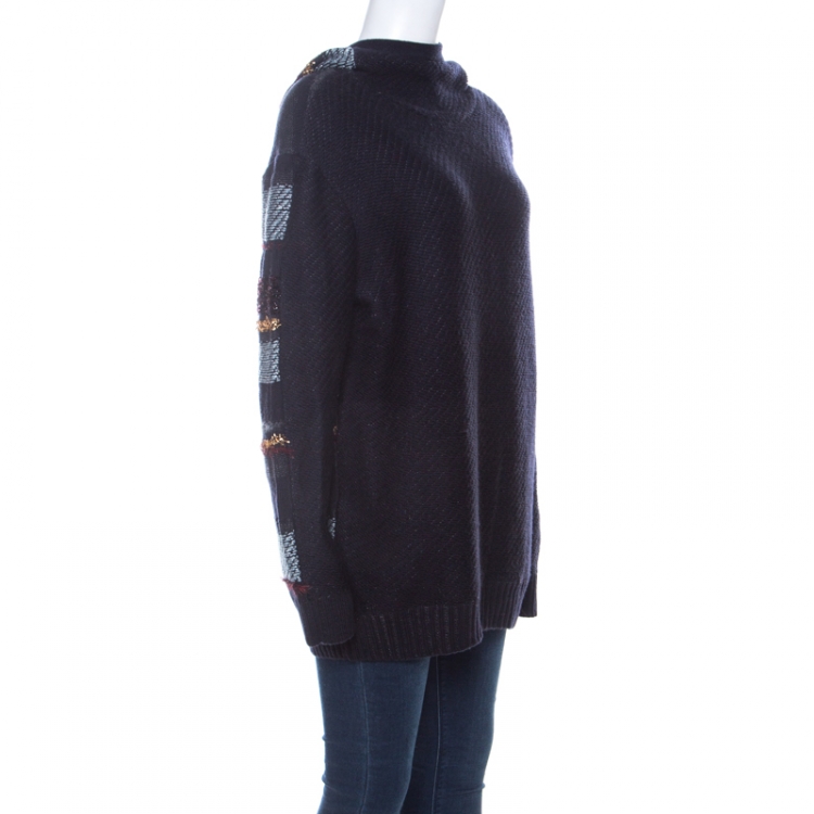 Pre Owned Tory Burch Navy Blue Metallic Multi-Weave Striped Merino Wool Danielle Hoodie L