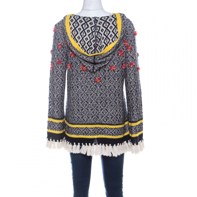 Pre Owned Tory Burch Black & White Geometric Pattern Linen Flower Detail Knit Hooded Sweater L