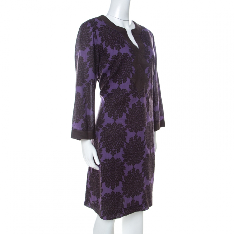 Pre Owned Tory Burch Purple and Brown Floral Print Cotton Safo Tunic XL