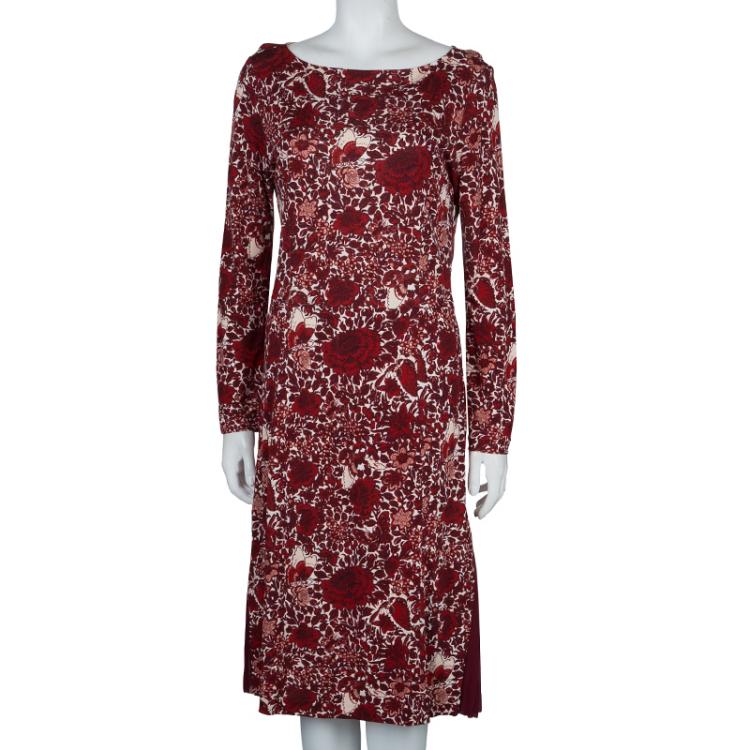 Pre Owned Tory Burch Red Jersey Floral Printed Long Sleeve Dress M