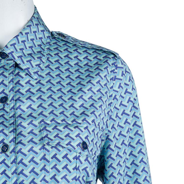 Pre Owned Tory Burch Blue Printed Silk Belted Long Sleeve Dress M
