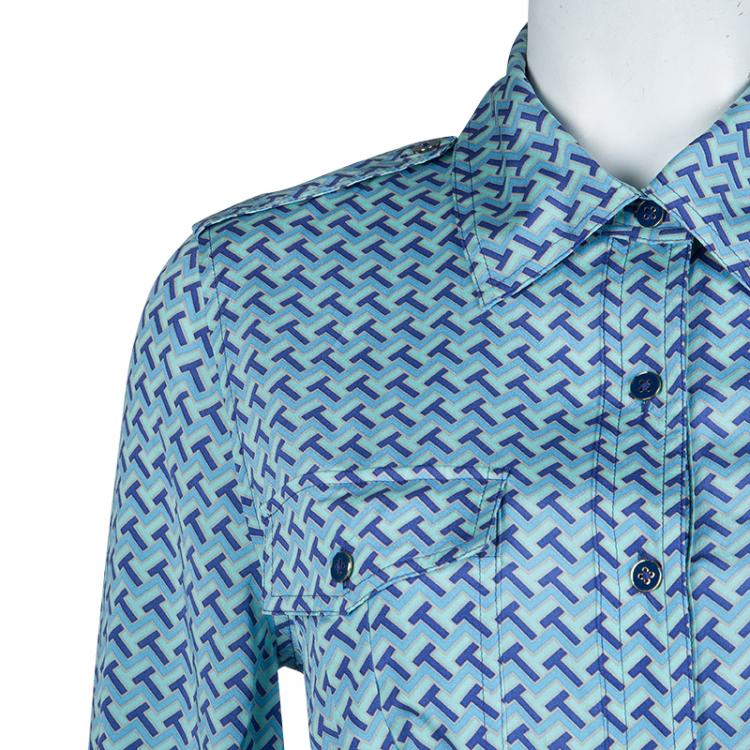 Pre Owned Tory Burch Blue Printed Silk Belted Long Sleeve Dress M