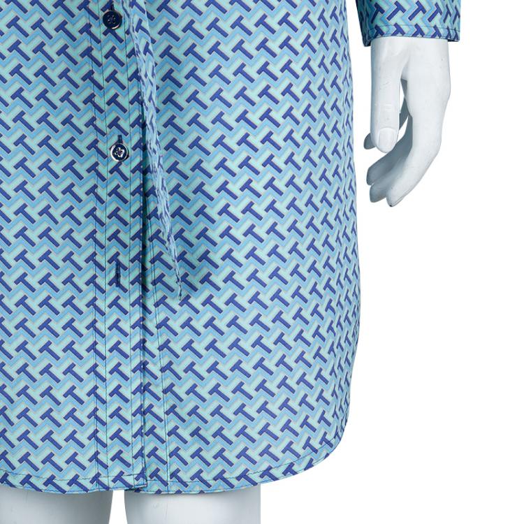 Pre Owned Tory Burch Blue Printed Silk Belted Long Sleeve Dress M