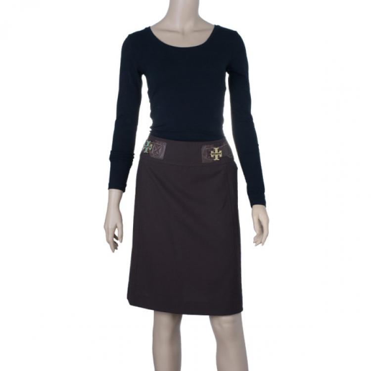 Pre Owned Tory Burch Brown Leather Trimmed Skirt M