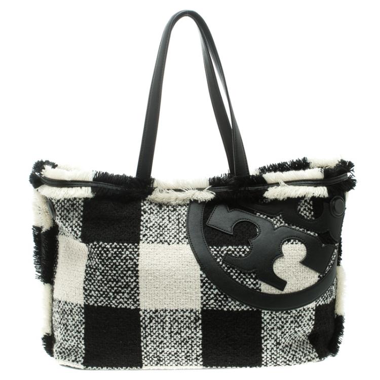Pre Owned Tory Burch Monochrome Tweed Loonie Tote