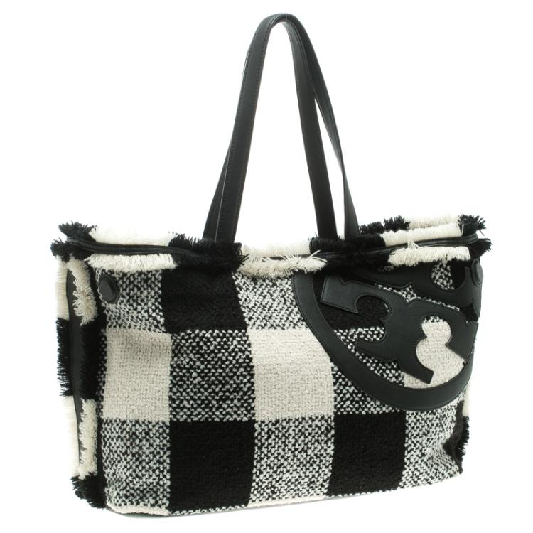 Pre Owned Tory Burch Monochrome Tweed Loonie Tote