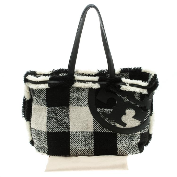 Pre Owned Tory Burch Monochrome Tweed Loonie Tote