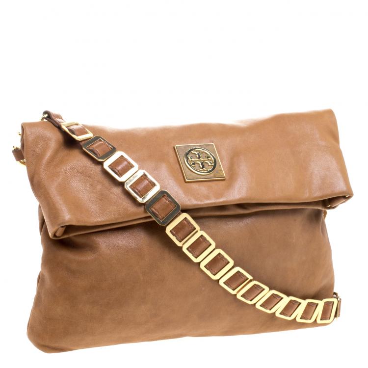 Pre Owned Tory Burch Brown Leather Foldover Crossbody Bag