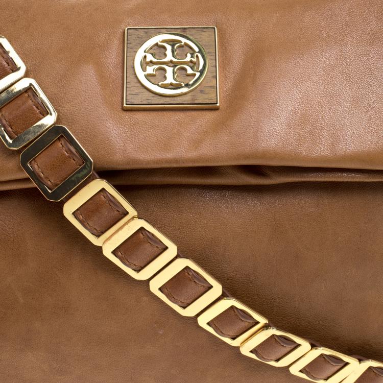 Pre Owned Tory Burch Brown Leather Foldover Crossbody Bag