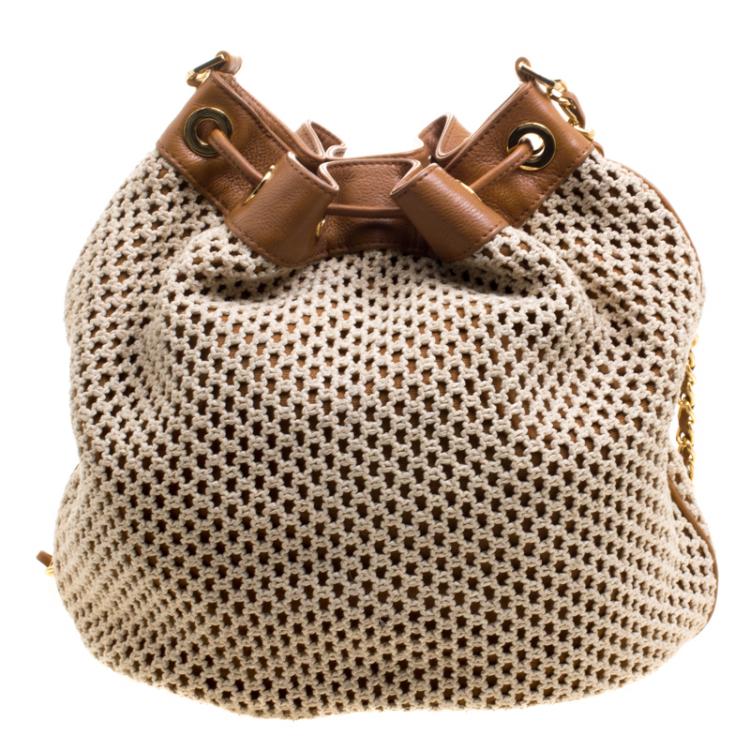 Pre Owned Tory Burch Brown Fabric and Leather Adalyn Bucket Bag