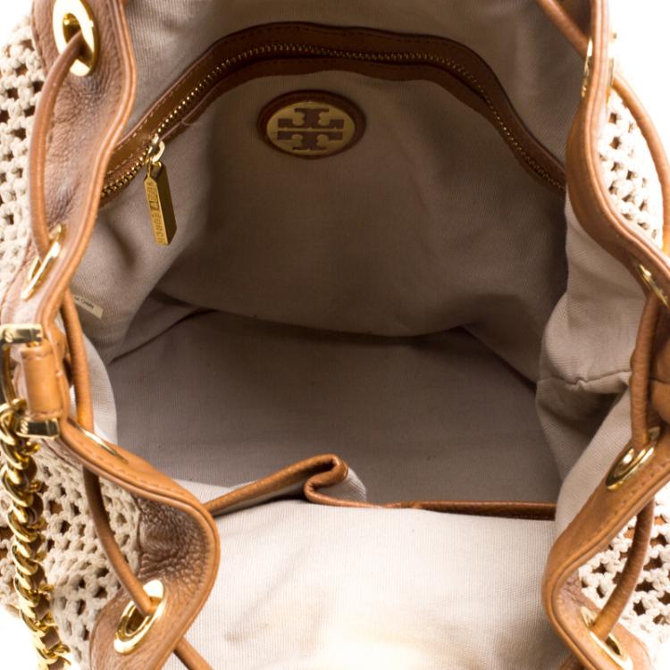 Pre Owned Tory Burch Brown Fabric and Leather Adalyn Bucket Bag