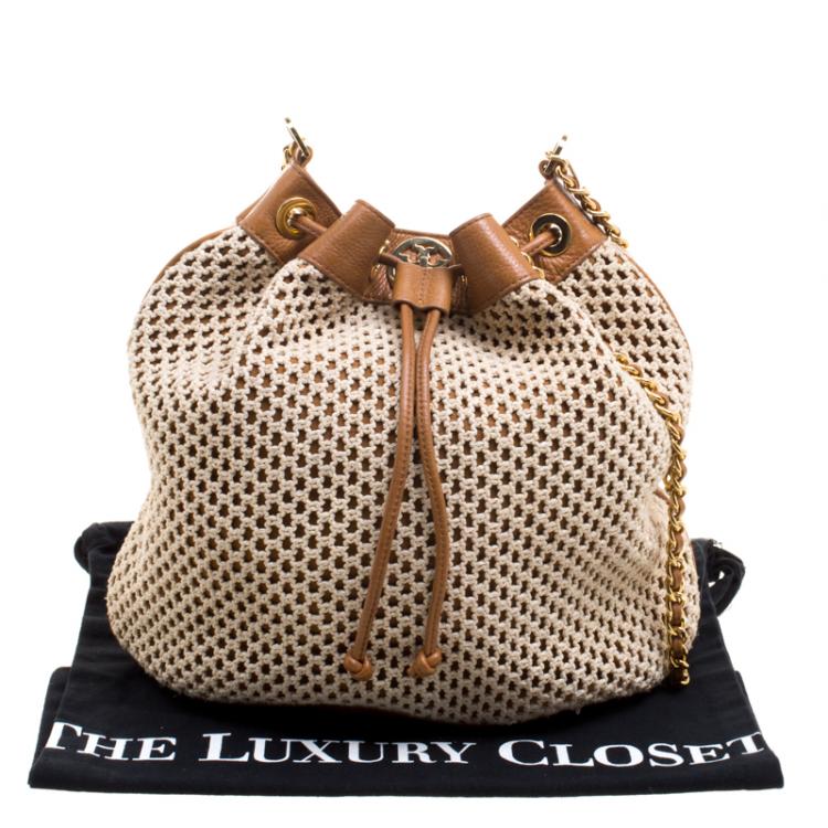 Pre Owned Tory Burch Brown Fabric and Leather Adalyn Bucket Bag