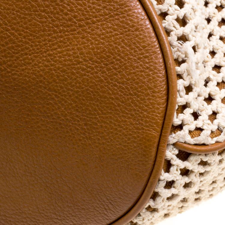 Pre Owned Tory Burch Brown Fabric and Leather Adalyn Bucket Bag