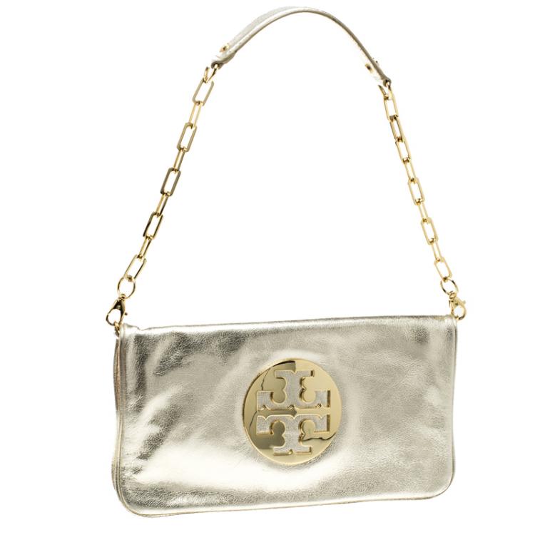 Pre Owned Tory Burch Metallic Gold Leather Reva Shoulder Bag