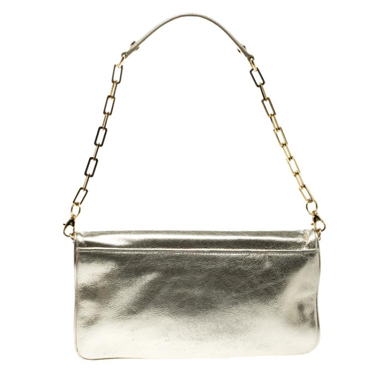 Pre Owned Tory Burch Metallic Gold Leather Reva Shoulder Bag