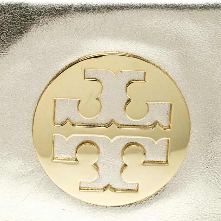 Pre Owned Tory Burch Metallic Gold Leather Reva Shoulder Bag