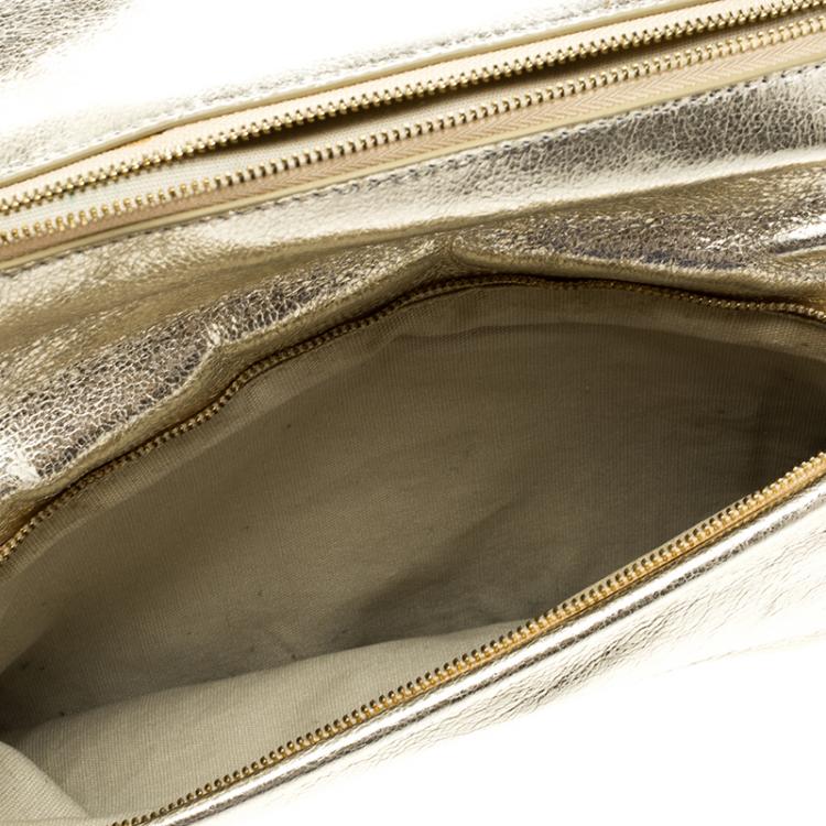 Pre Owned Tory Burch Metallic Gold Leather Reva Shoulder Bag