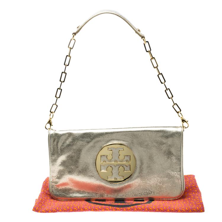 Pre Owned Tory Burch Metallic Gold Leather Reva Shoulder Bag
