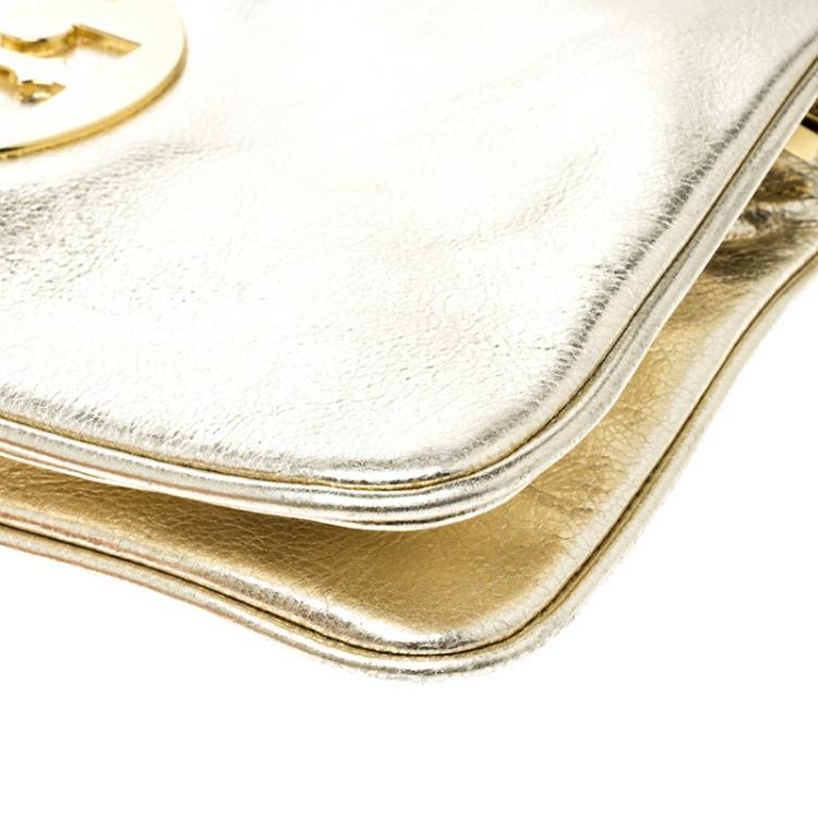 Pre Owned Tory Burch Metallic Gold Leather Reva Shoulder Bag