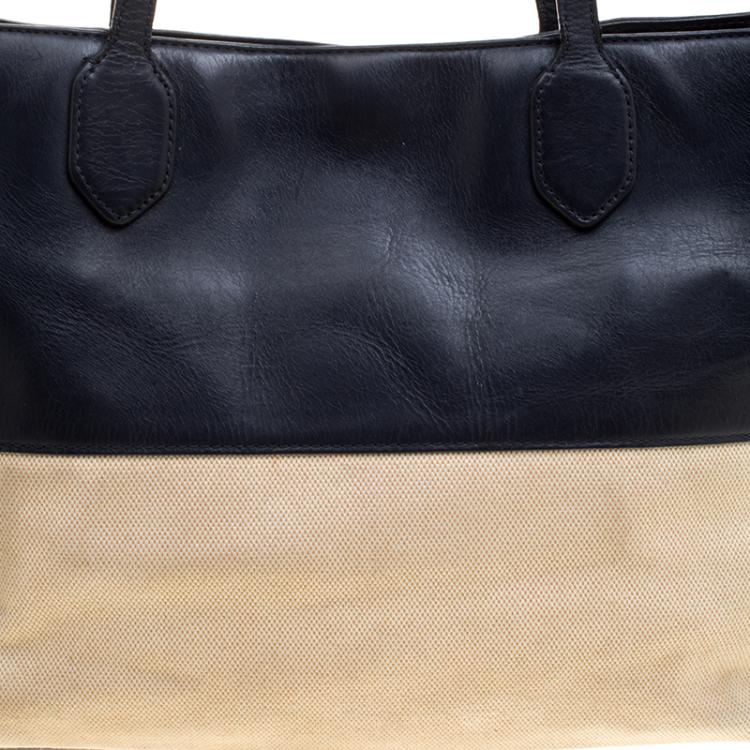 Pre Owned Tory Burch Navy Blue/Beige Leather and Canvas Tote