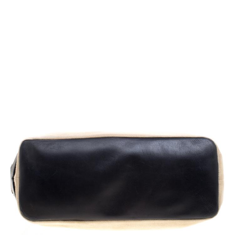 Pre Owned Tory Burch Navy Blue/Beige Leather and Canvas Tote