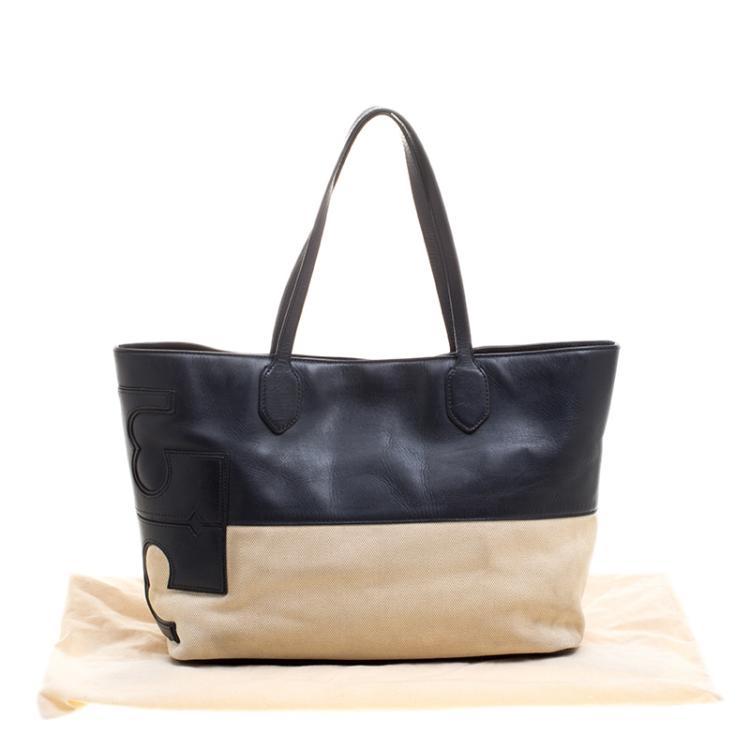 Pre Owned Tory Burch Navy Blue/Beige Leather and Canvas Tote
