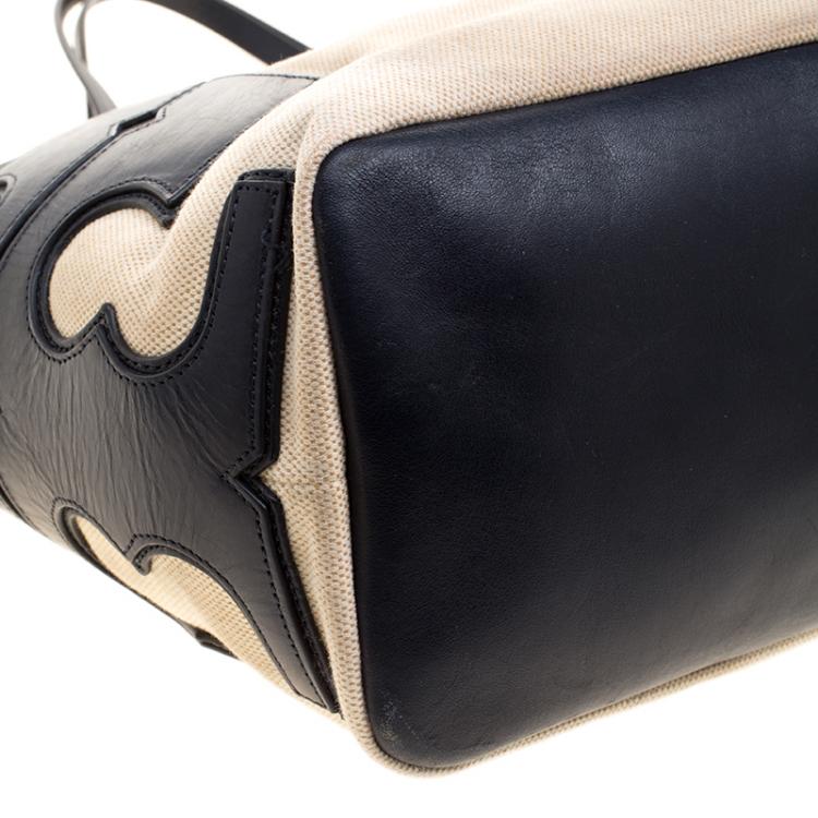 Pre Owned Tory Burch Navy Blue/Beige Leather and Canvas Tote