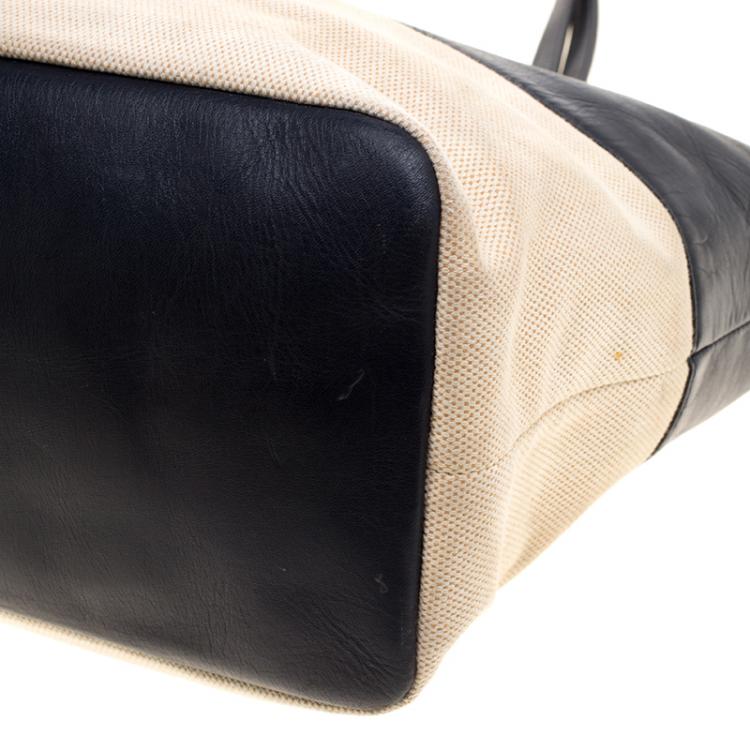 Pre Owned Tory Burch Navy Blue/Beige Leather and Canvas Tote