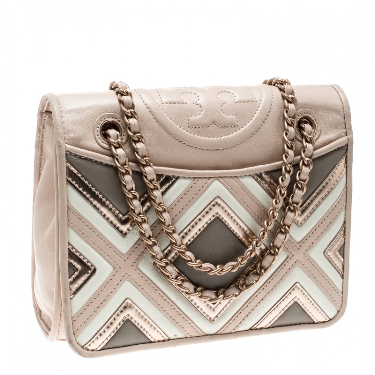 Pre Owned Tory Burch Light Oak Leather Fleming Geo Shoulder Bag