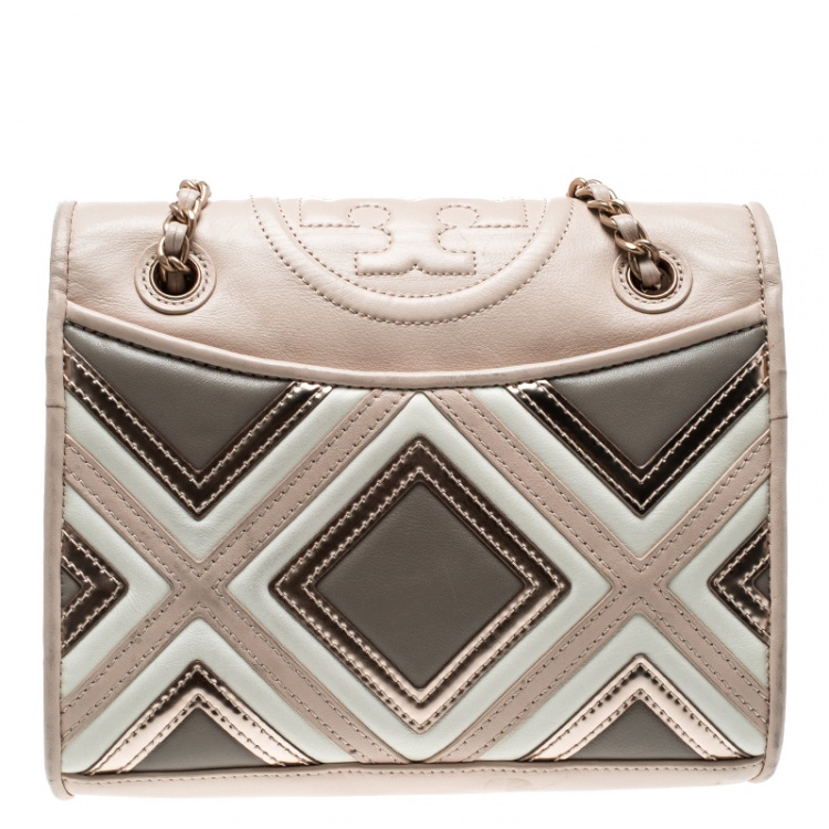 Pre Owned Tory Burch Light Oak Leather Fleming Geo Shoulder Bag