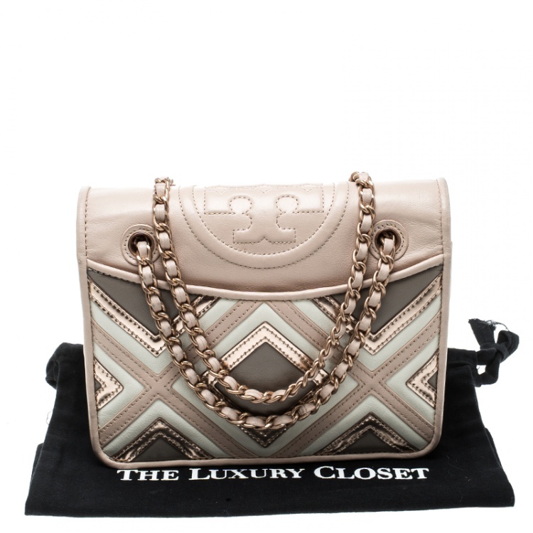 Pre Owned Tory Burch Light Oak Leather Fleming Geo Shoulder Bag