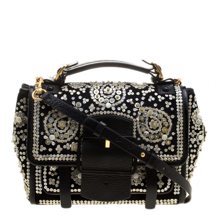 Tory Burch Black Velvet and Leather Embellished Sawyer Top Handle Bag ...