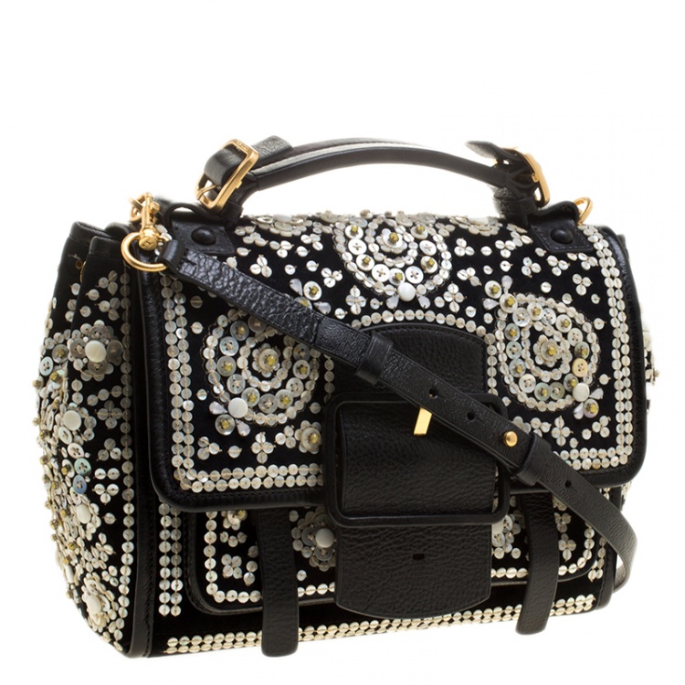 Pre Owned Tory Burch Black Velvet and Leather Embellished Sawyer Top Handle Bag