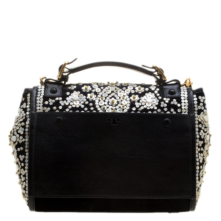 Pre Owned Tory Burch Black Velvet and Leather Embellished Sawyer Top Handle Bag